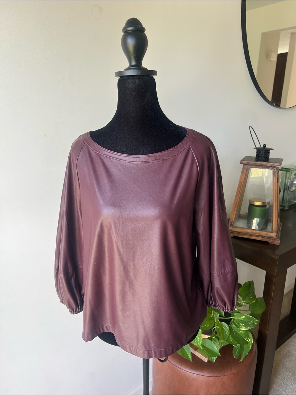 LOFT Burgundy Faux Leather Balloon Sleeve Top